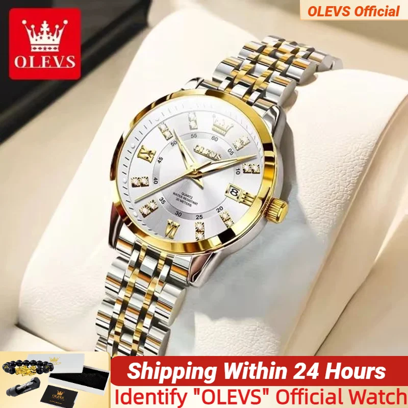 

Оригинальные Роскошные брендовые кварцевые женские часы OLEVS со стразами, элегантный комплект из двух искусственных камней, Женская подарочная коробка