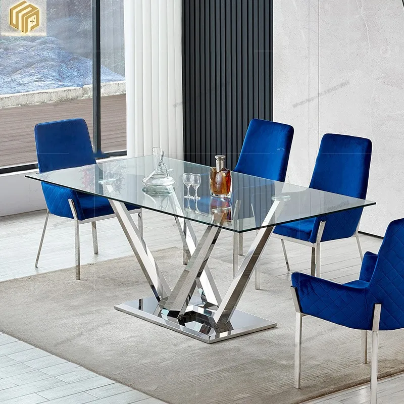 Modern Rectangular Tempered Glass Dining Table And Chair Combination In Restaurants For Household Use