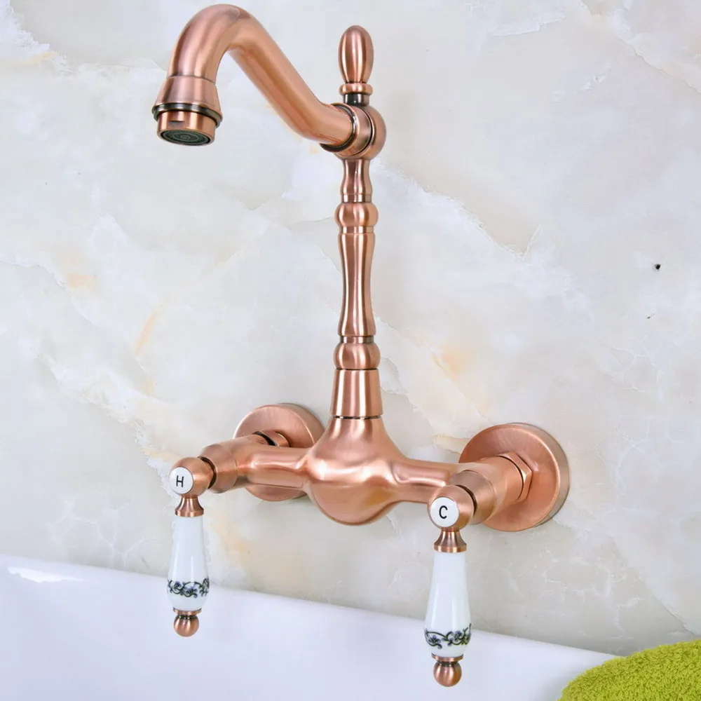 Antique Red Copper Brass Bathroom Kitchen Sink Basin Faucet Mixer Tap Swivel Spout Wall Mounted Dual Handles mnf952