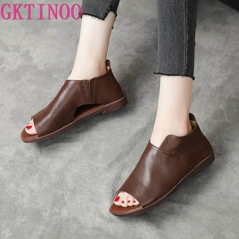 GKTINOO 2024 Luxury Women Genuine Leather Sandals Summer Slip On Flat Gladiator Sandals Women Handmade Retro Open Toe Shoes