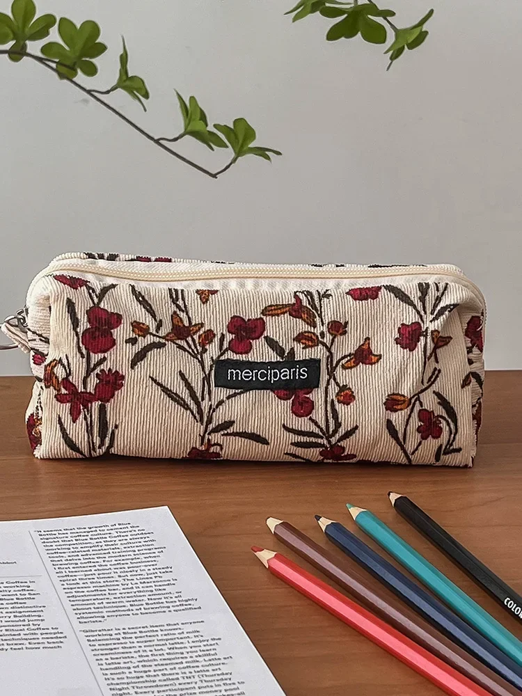 Estuche para lápices de flores, Estuche coreano para lápices, Estuche para bolígrafos de pana, suministros escolares, estuches para lápices para niñas