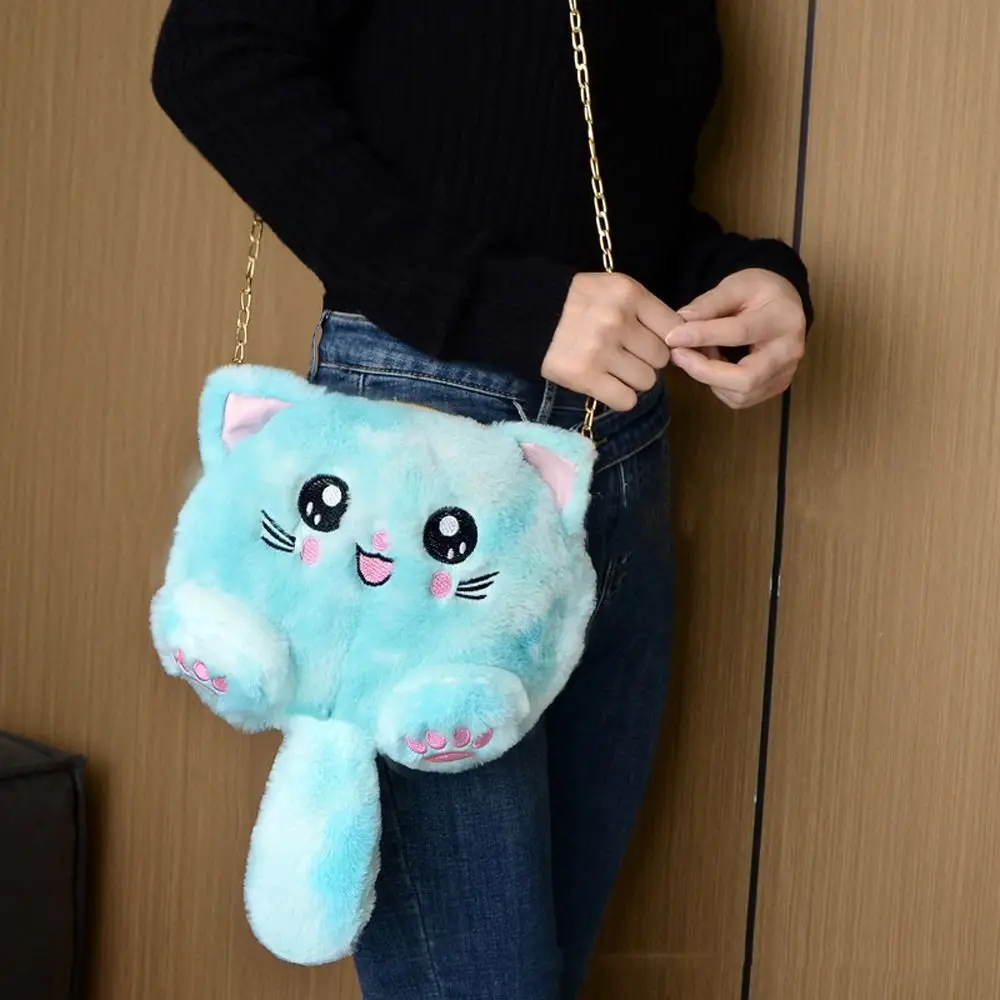 Draagbare Regenboog Kat Schoudertas Namaakbont Cartoon Pluche Crossbody Tas Tie-Dye Kettingriem Gevulde Poppentas Winkelen