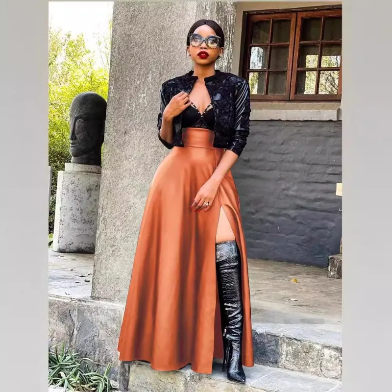 

Women Solid PU Leather Split Maxi Skirts Women Fashion High Waist A-line Long Skirt All Matching Casual Streetwear Bottoms