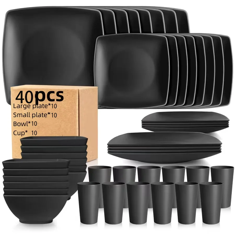 

40-piece kitchen plastic square dinnerware set for steak, salad, and square plates, bowls, and cups