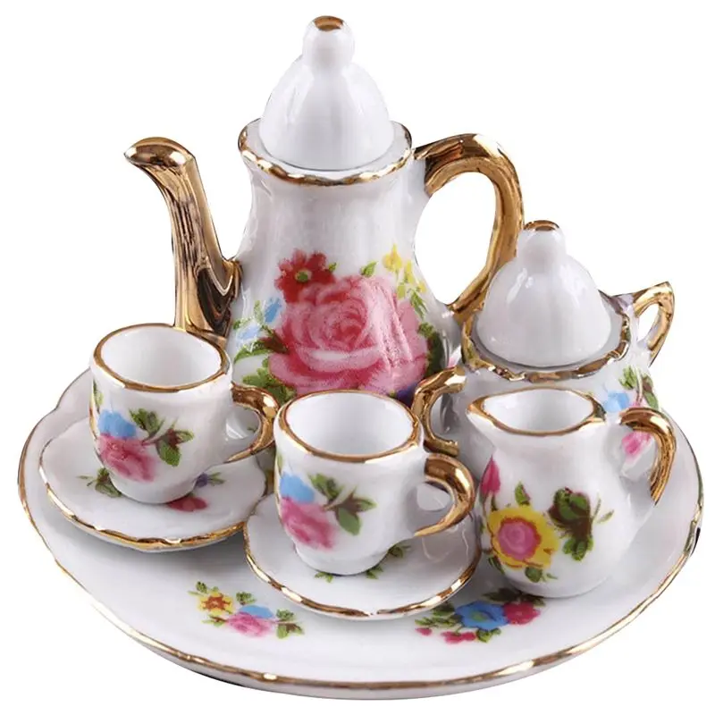 ABPF 1:12 Miniature Porcelain Tea Cup Set Ceramic Tableware Teapot Kitchen Dollhouse Accessories Doll House Decor