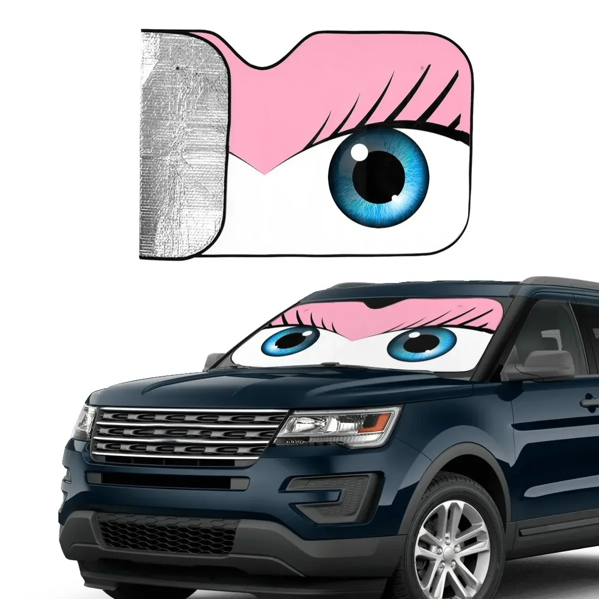 Pink Cute Eyes Sunshade Windscreen Cartoon Foldable Cover Front Block Window 76x140cm Car Window Windscreen Cover UV Protector