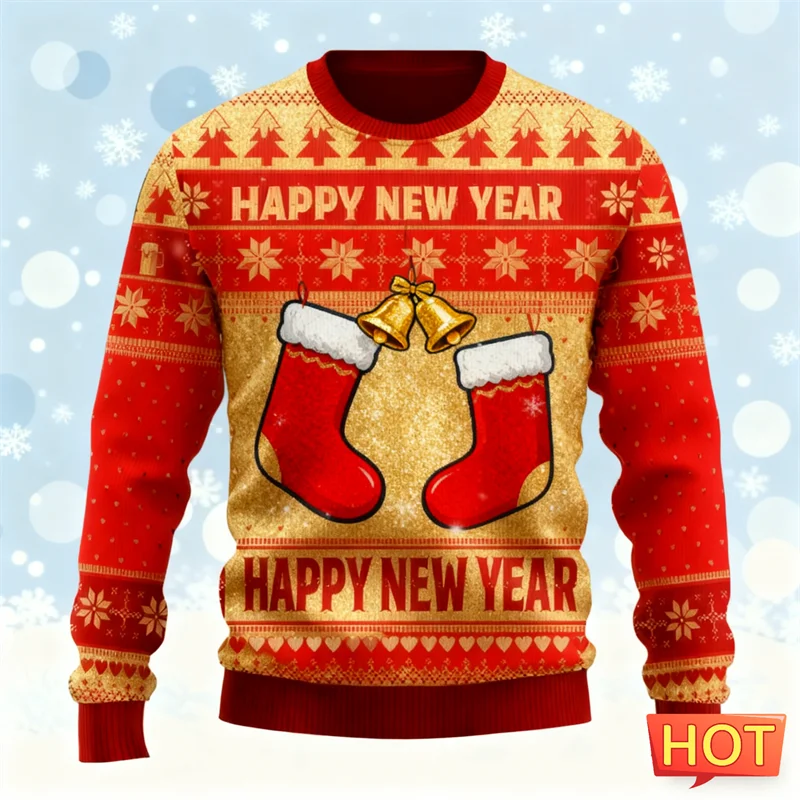 

2026 Новый простой рождественский уродливый свитер для мужчин, модные повседневные толстовки с круглым вырезом и 3D принтом, свободные уличные пуловеры, топы