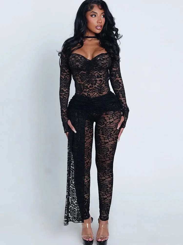 Weird Puss Jacquard Sexy 2 Piece Set Women Hipster Coquette Backless Bodysuit+Flanging Ribbon Pants Matching Midnight Clubwear