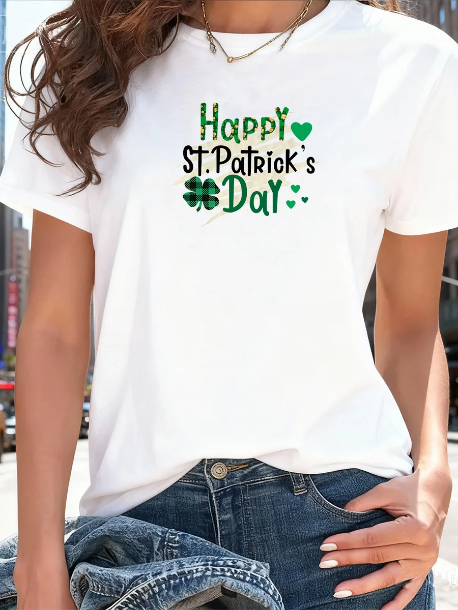 

White Short-Sleeve T-Shirt with "Happy St. Patrick's Day" Print, Green Shamrock & Heart Patterns for Women