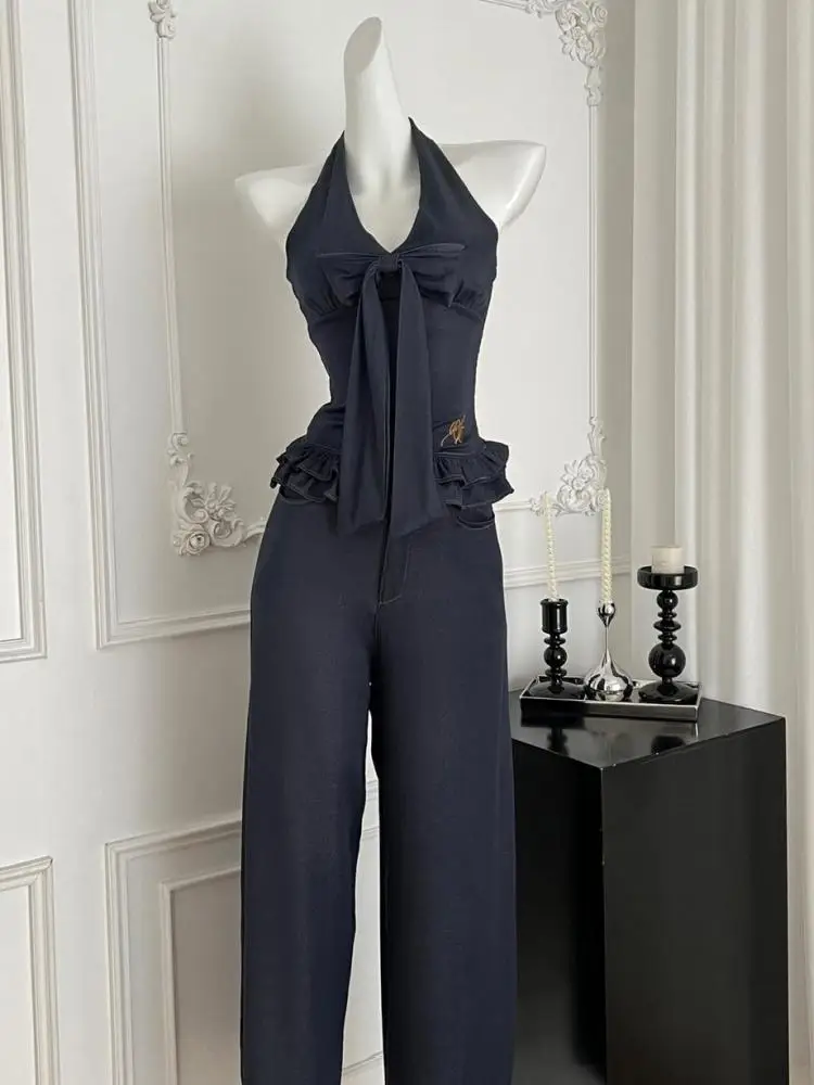 

Summer Women Two Piece Sets Blue Denim Off Shoulder V Neck Halter Bandage Backless Bow Short Tops + High Waist Wide Leg Trouser