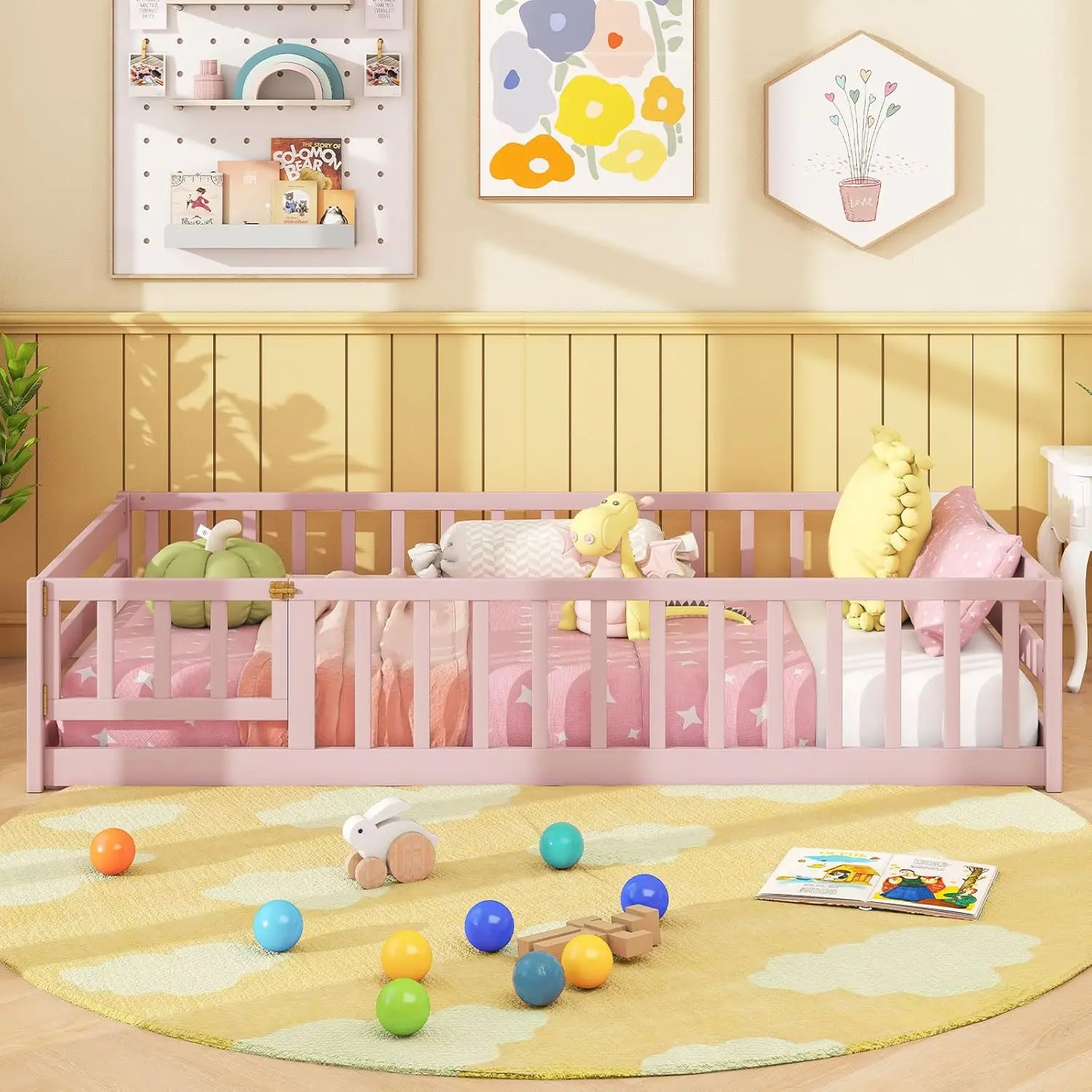 Lit double pour enfants avec garde-corps de sécurité, aucun sommier tapissier nécessaire, rose