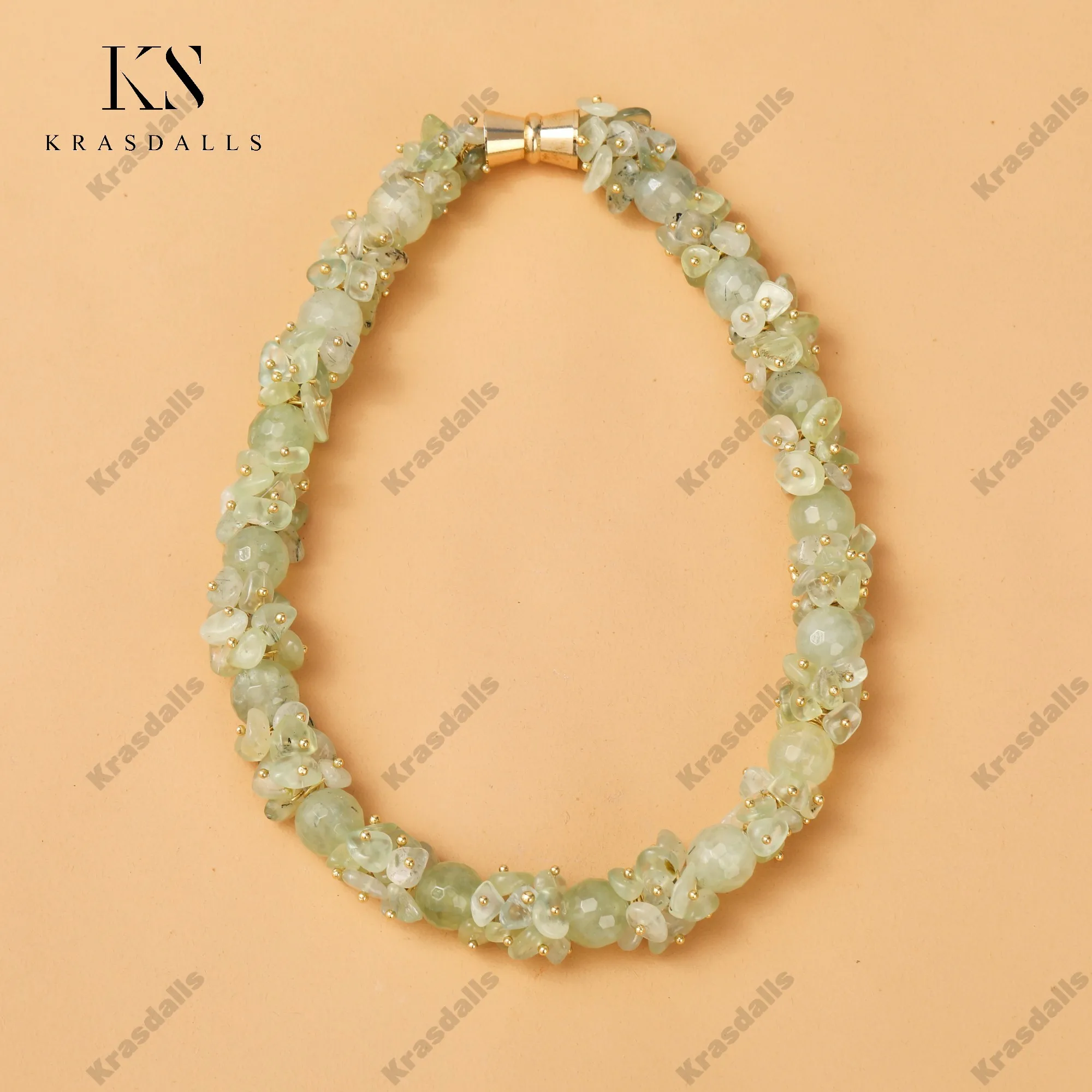 12mm Natural Prehnite Faceted Beaded Necklace Bohemia Style Fashion Jewelry with Brass 15inches Length for Wedding