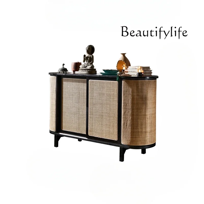 

Nordic solid wood dining side cabinet sliding door TV cabinet storage modern simple rattan storage entrance cabinet