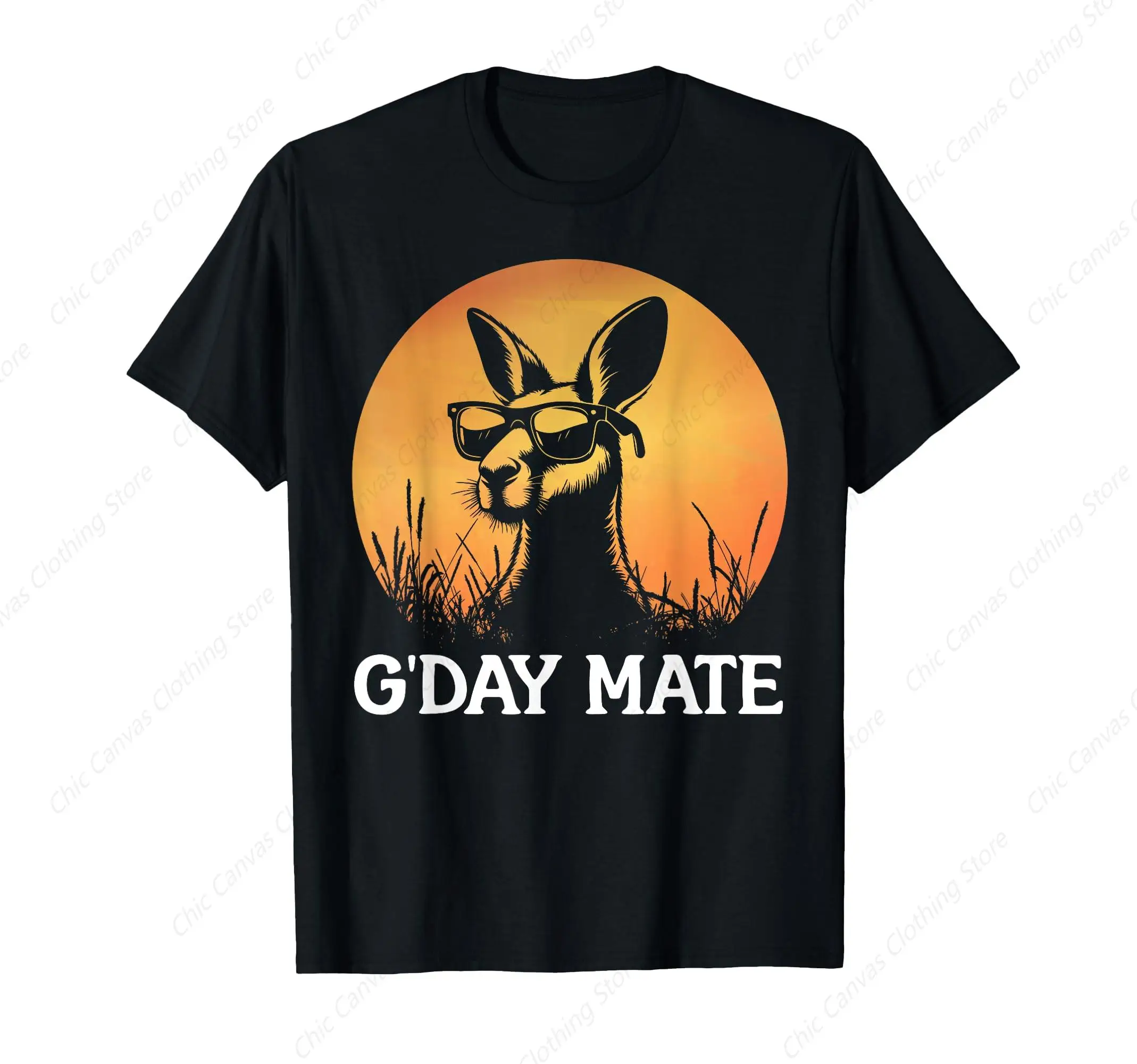 Australian Sunset Printed Shirt Funny Kangaroo with Sunglasses G'Day Mate T-shirt Cotton Black Cool Short Sleeve