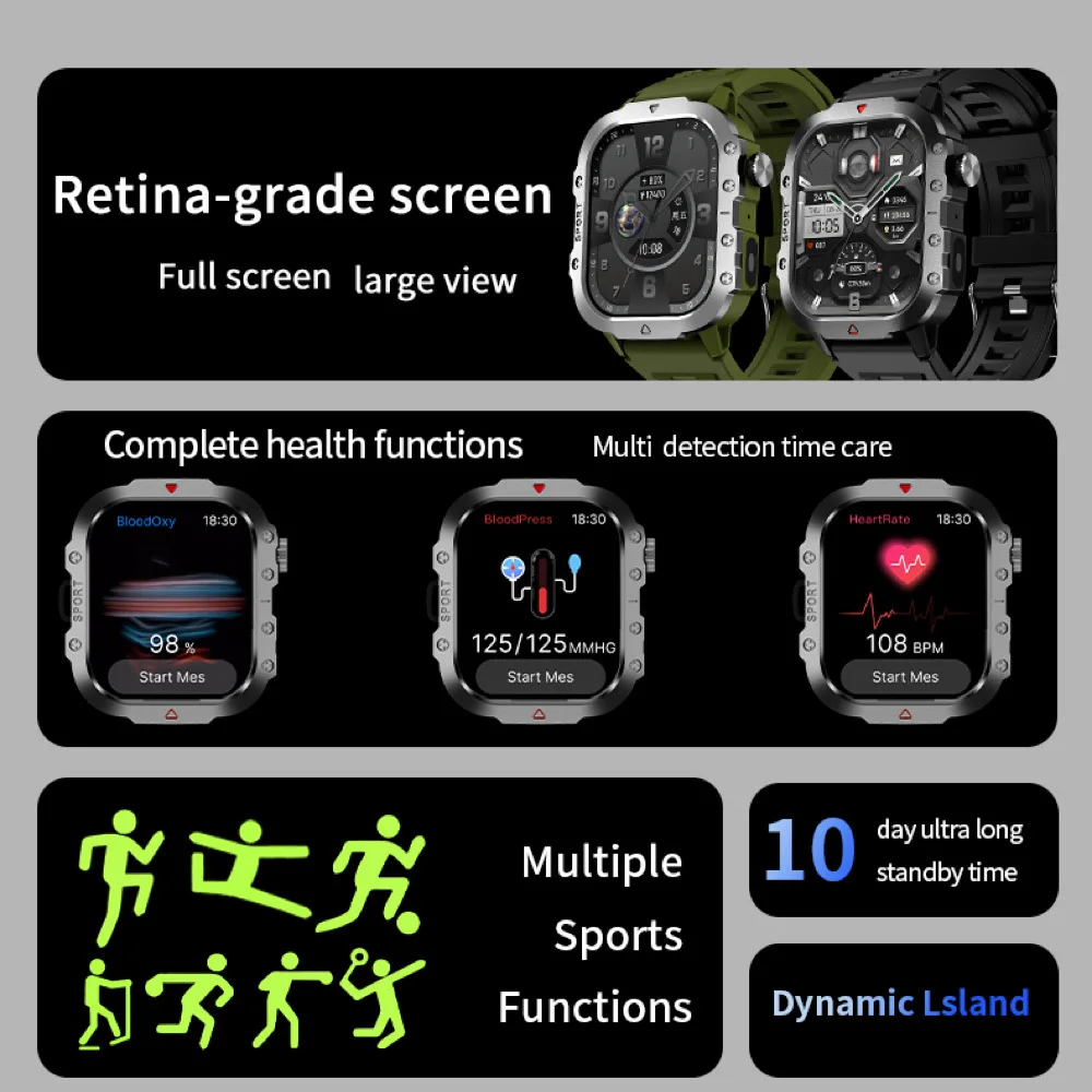 Clock Blue Tooth Call Smartwatch Flashlight Outdoor Smart Watches Waterproof Sleep Heart Rate Health Monitoring Sports Fitness