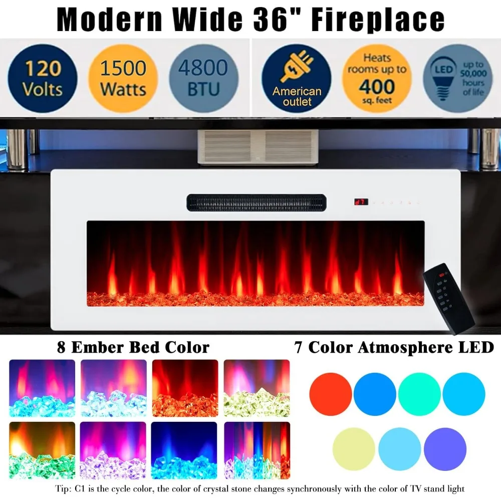 Armário de TV com lareira de 36 polegadas, luzes LED modernas para centro de entretenimento de lareira de 70 polegadas, armário de console de TV
