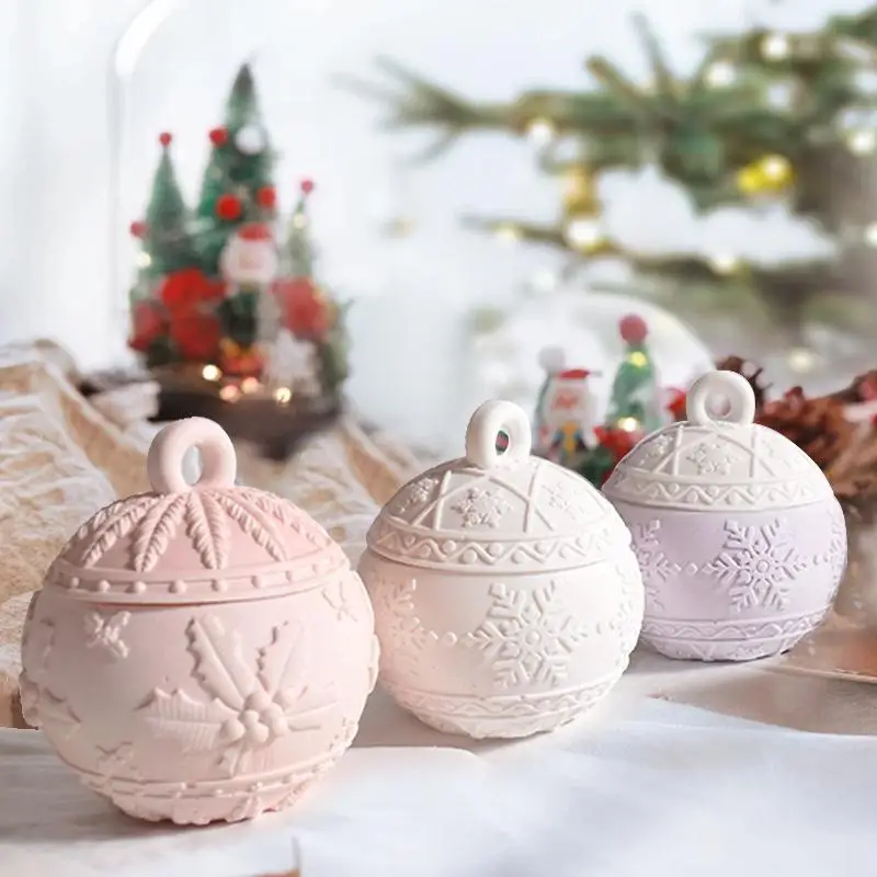 Christmas Round Ball Jar Silicone Mold With Lids DIY Handmade Concrete Relief Snows Berry Scented Candle Vessel Molds Xmas Decor