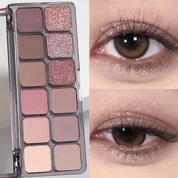 12 Colors Eyeshadow Palette Cement Grey Pink Brown Color Tone Natural Eyeshadow Palette Long Lasting Matte Pearly Korean Makeup