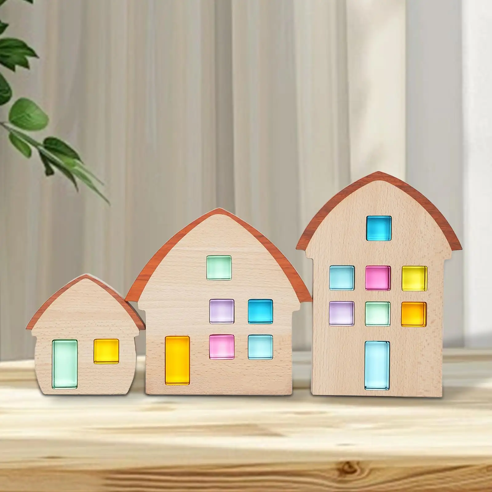 3x Wood House Set Colorful Wooden Decor for Kids Ages 4 to 8 Party Favors