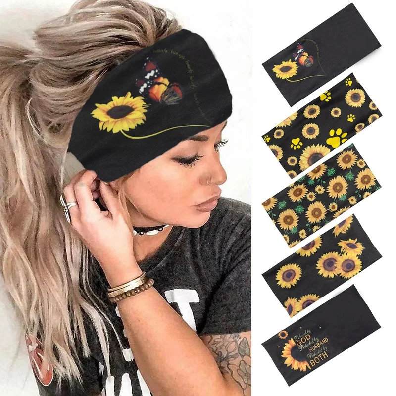 Digital print sunflower pastoral style Widen elastic sports yoga headband hairband