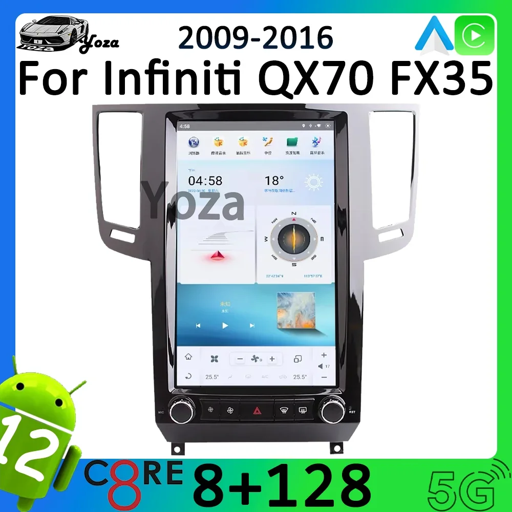 Yoza Carplay Car Radio for Infiniti QX70 FX35 FX45 2009-2016 Android11 Tesla Style Qualcomm Multimedia Player Navigation 4G WIFI