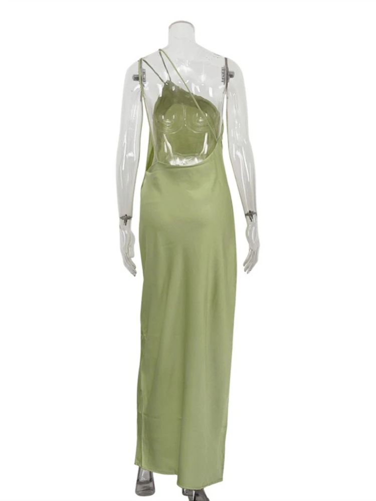 Vrouw kleding spaghetti strap backless lange jurk high street sexy mouwloze diagonale kraag effen groene avondfeestjurken