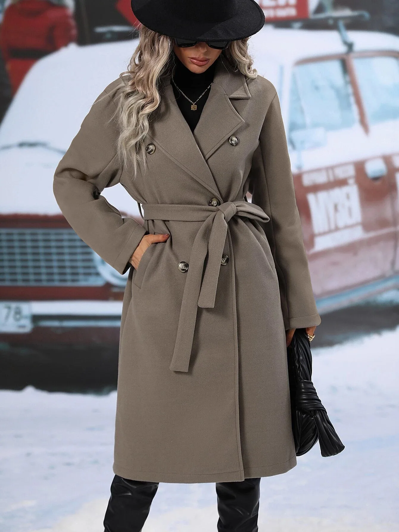 2026 Fashion Women's Lapel Woolen Long Double-breasted Elegant Windbreaker Jacket Streetwear Buckle Lace-Up Coat Women's Jacket