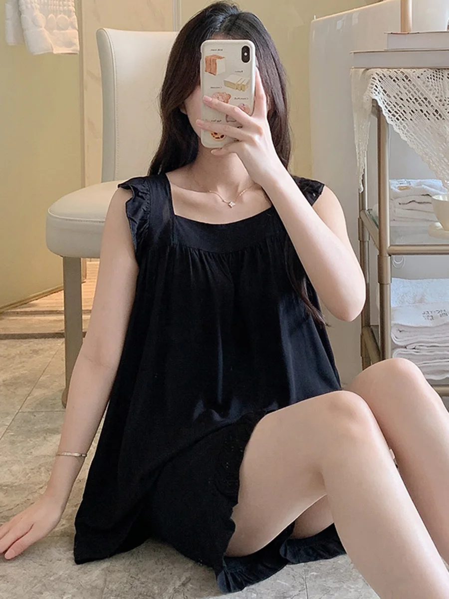 

Summer Thin Cotton Silk Spwear Wide Strap Home Clothes Sweet Girl Student Svel Set Brief Case Nightgown Women's Pyjamas