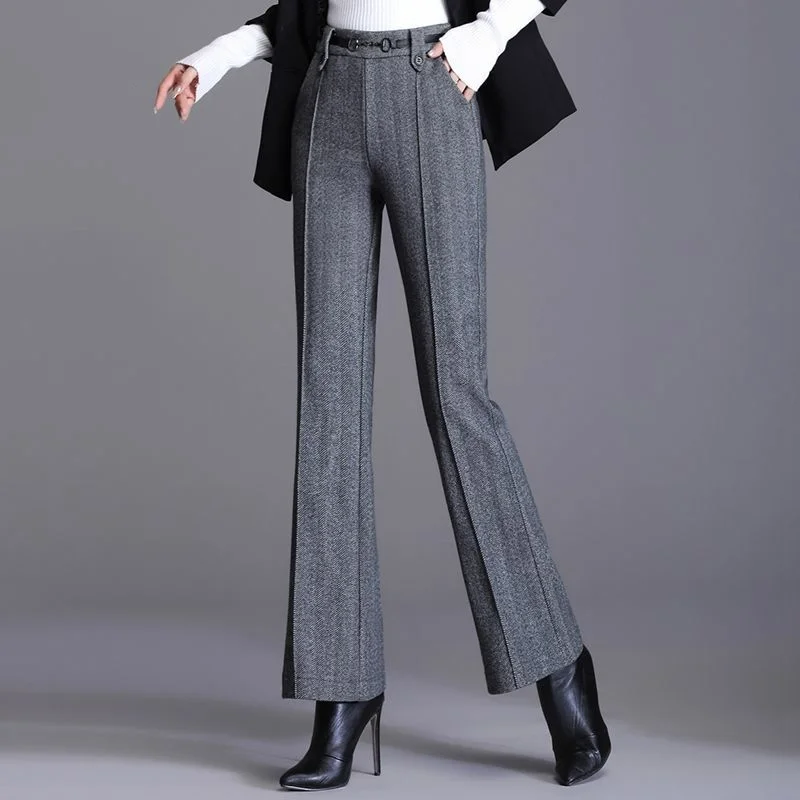 Office Lady Solid Slim Wool Flare Suits Pants Koreon Fashion Spring Autumn Streetwear Women High Waist Casual Straight Trousers