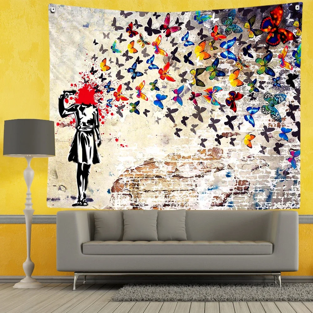 Banksy Butterfly Brains Girl Graffiti Art Tapestry Wall Hanging Bohemian Living Room Aesthetics Home Background Yoga Cloth Decor