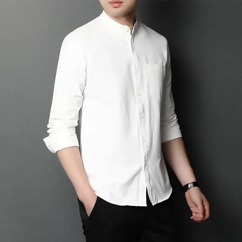 New Men\'s Standing Collar Casual Shirt Cotton Comfortable Long Sleeved Top