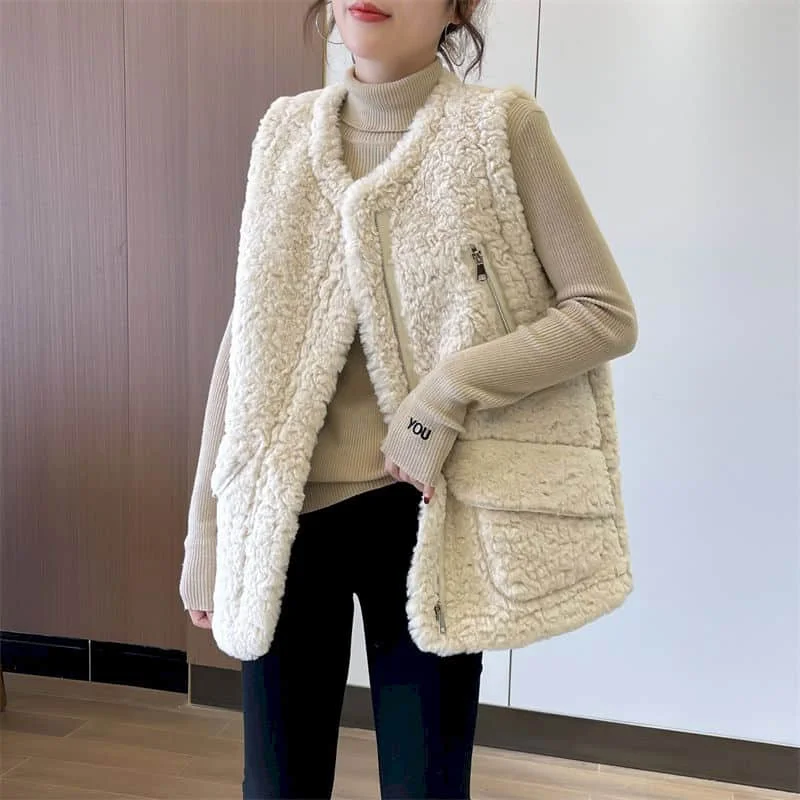 

Fleece Waistcoats for Women Mid-Length Vests O-neck Casual Sleeveless Cardigans Oversized Autumn Winter Jackets Loose Women Tops