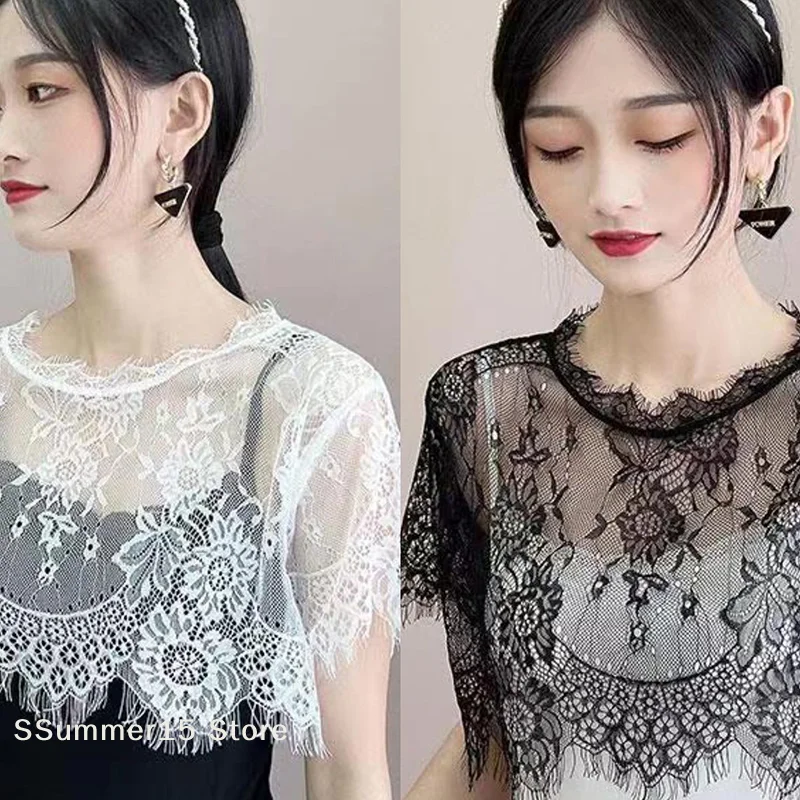

【R】Women Detachable Fake Collar Half Shirt Sweet Crochet Sheer Floral Lace Cover Shirt