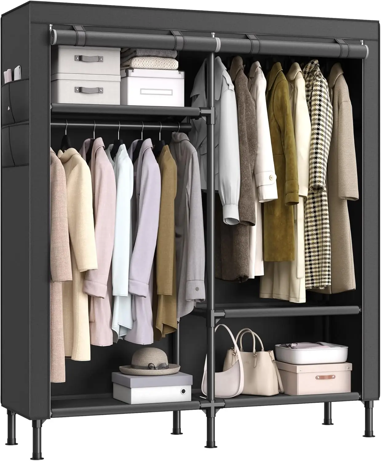 

Wardrobe Closet, 65 Inch Heavy Duty Portable Closet, Freestanding Closet Organizer, Clothes Rack with Cover, 2 Hanging Rails,