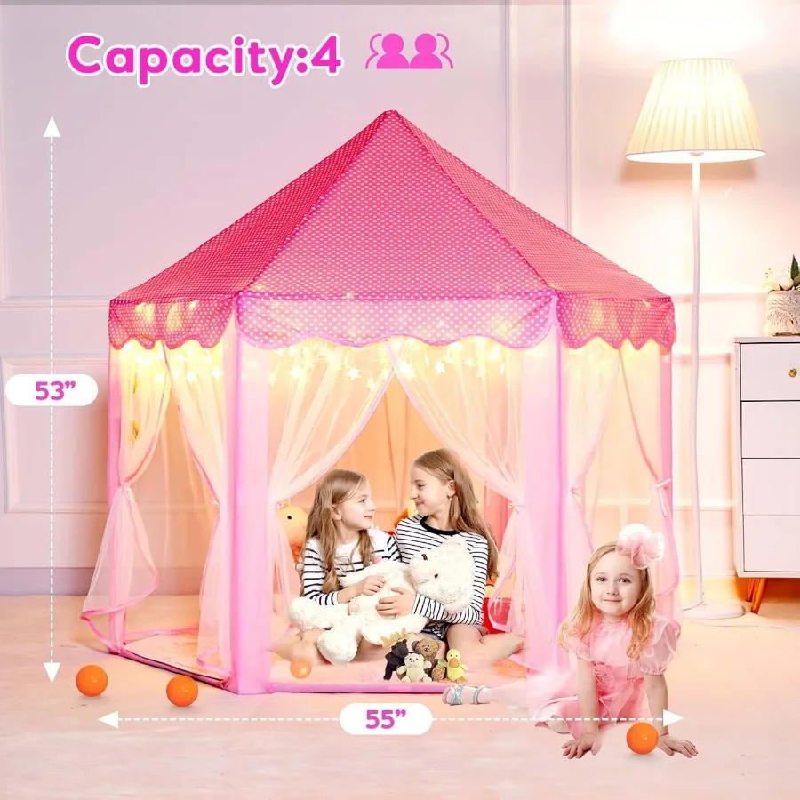 ピンクのプリンセスキャッスルテント、女の子用ラグ付き、六角形の妖精の遊び場、星型ライト付き屋内玩具、幼児向け