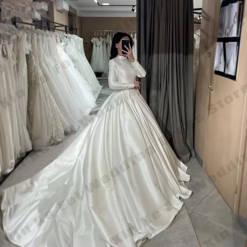 lvory Satin Women's Wedding Dresses High Neck Full Sleeves Bride Gowns Modest Mulism A Line Bridal Dresses Customized vestidos