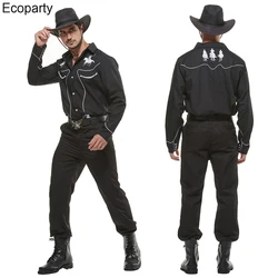 Men's Western Traditional Cowboy Cosplay Shirts Black Retro Embroidered Long Sleeve Single-Breasted Tops Halloween Party Outfits