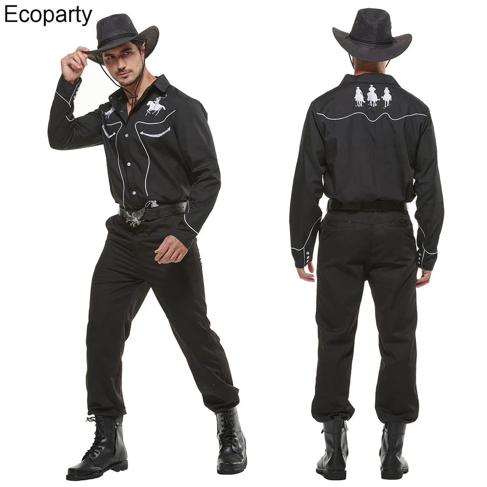 Men's Western Traditional Cowboy Cosplay Shirts Black Retro Embroidered Long Sleeve Single-Breasted Tops Halloween Party Outfits