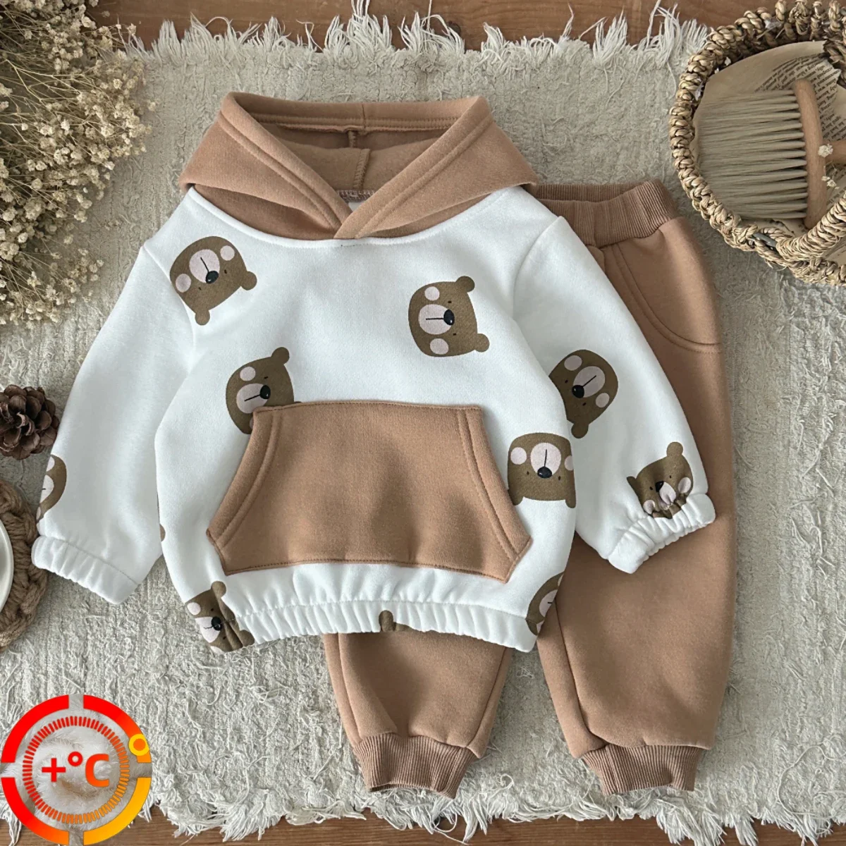 

0-3 Years Newborn Baby Girl Boys Hooded Clothes Set Cute Bear Printed Top+Solid Pant Winter Warm Daily 2PCS Outfit