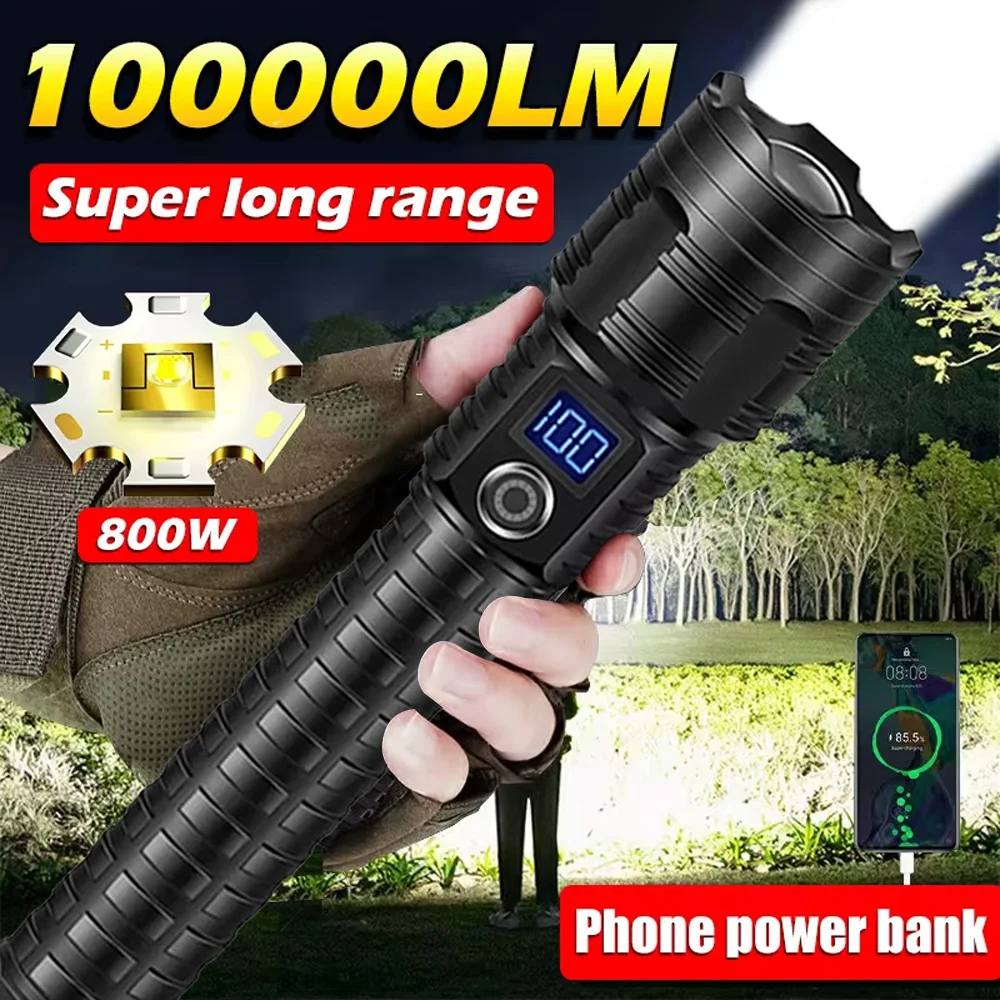 

1000000LM Most Powerful LED Flashlight Rechargeable Type-c Flashlight Long Range 6000M Tactical Torch Light For Fishing Hunting