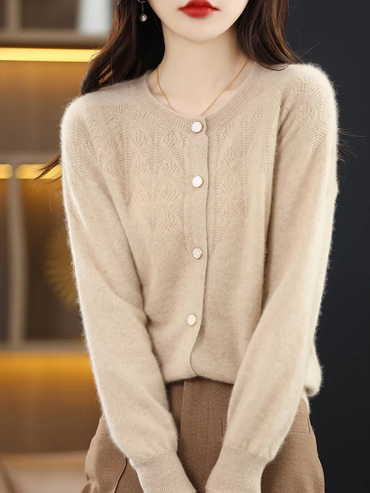 

Autumn Winter O-neck Cardigan For Women 100% Merino Wool Hollow Out Solid Casual Cashmere Sweater Female Clothing Basic Top