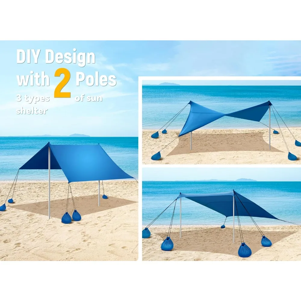 خيمة شاطئ، مأوى شمسي بعامل حماية من أشعة الشمس 50+، مظلة خارجية مقاس 10 × 10 أقدام مع أكياس رمل، أوتاد أرضية، أقطاب ثابتة ومجرفة رمل، شمس محمولة
