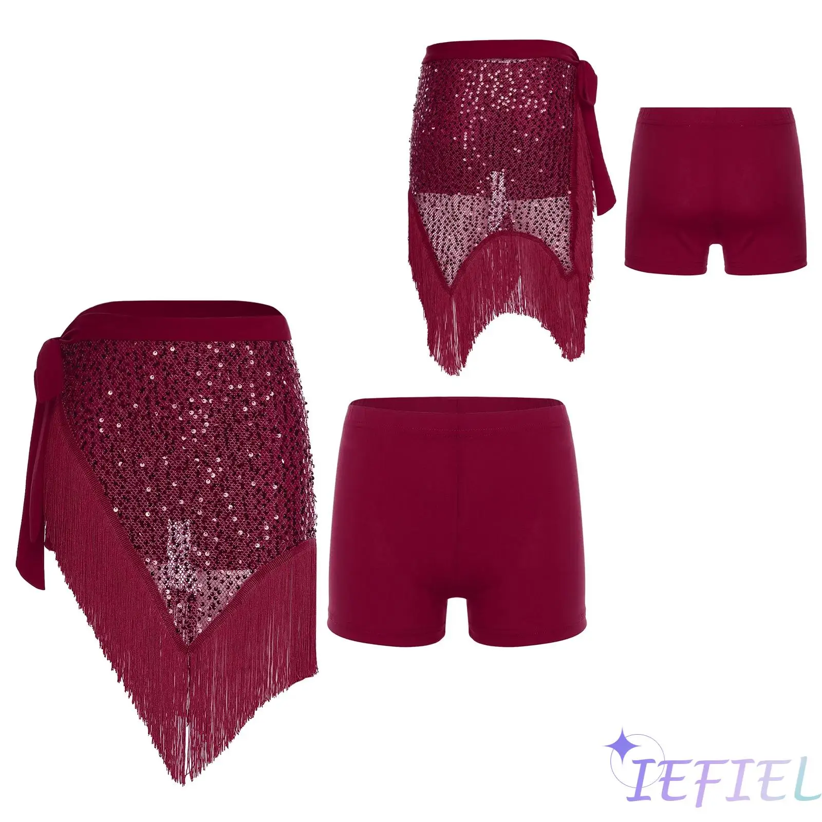 

Womens Belly Dance Sequined Hip Scarf and Safety Shorts Tassel Trim Side Lacing Irregular Hip Skirt with Shorts Dance Costume
