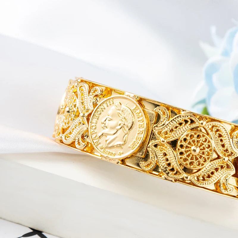 Bangles for Women head Gold Color French Napoleon III Coin Bracelet Double Design Gold Color Jewelry Vintage