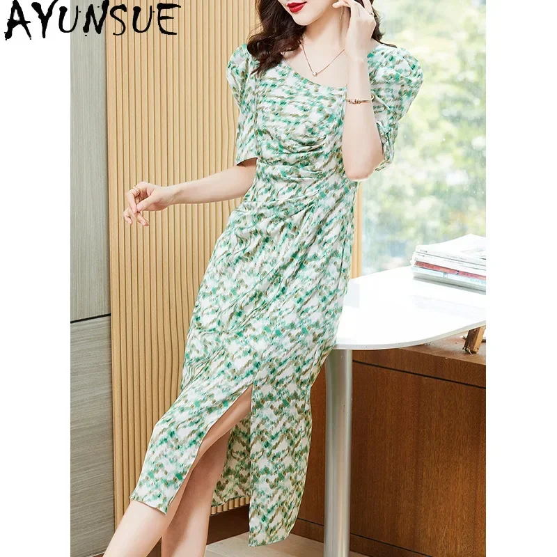 AYUNSUE 100% Echte Maulbeerseide Kleider Sommer 2024 Frau Elegante Luxus Lange Kleid Hohe Qualität Frauen Kleidung Vestido Verde