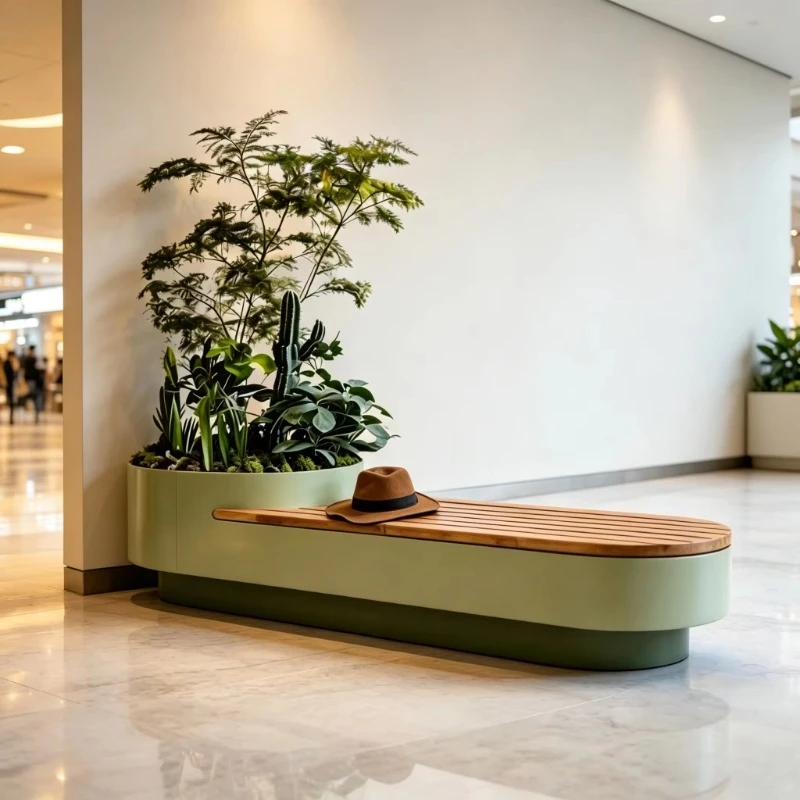 Fiberglass public seats with flower pots, modern commercial flower pot seats, suitable for shopping center furniture