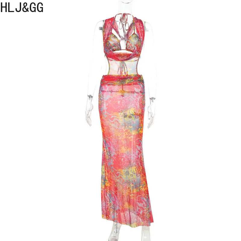 فساتين طويلة مثيرة بشبكة على شكل حرف V من HLJ&GG شفافة على الرغم من فساتين طويلة للنساء مطبوعة بصبغة التعادل بدون أكمام وظهر نحيف ملابس خروج عصرية