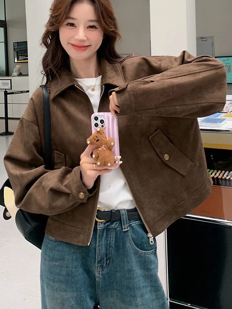 FSMG Vintage Coffee Suede Lapel Jacket For Women Casual Long Sleeve Pocket Zipper Cropped Overcoat Fashion High Street Outwear