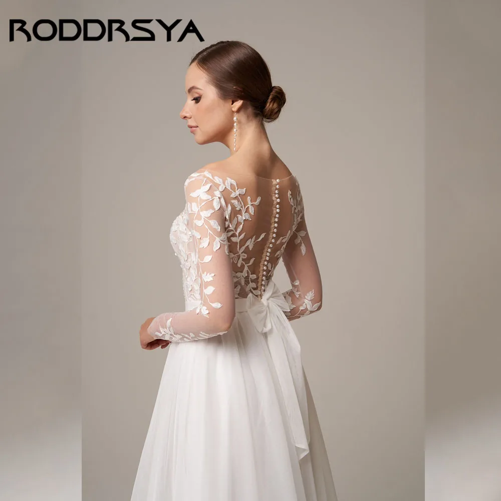 RODDRSYA A-Line Appliques Wedding Dress Long Sleeve Tulle Tea-Length Bridal Gowns Backless Buttons vestidos de novia Customized