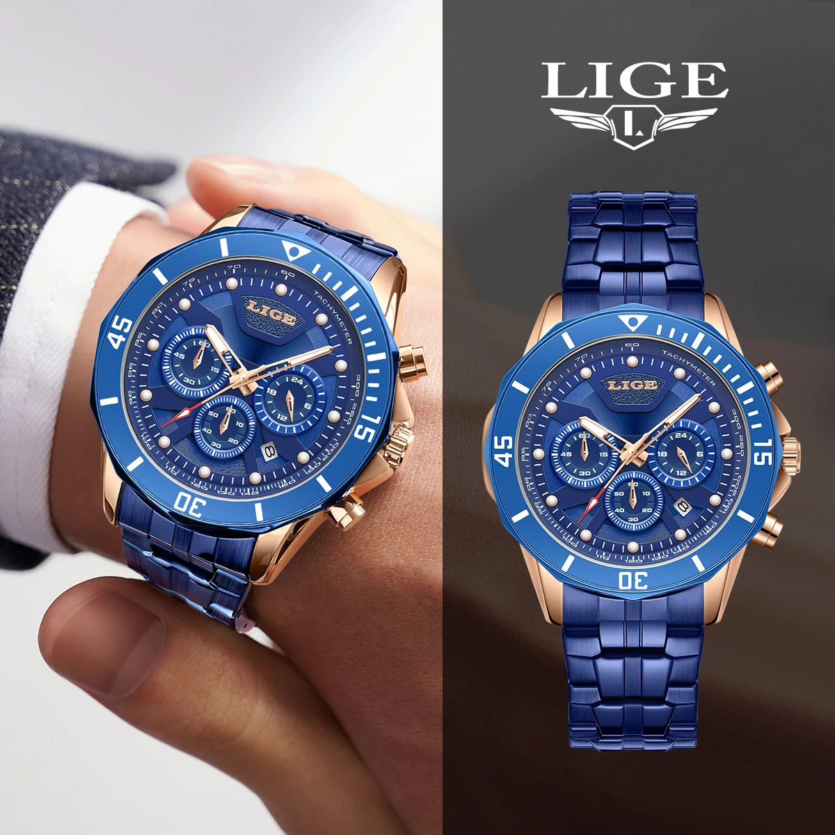 

LIGE Top Brand Quartz Men's Watches Fashion Luxury Waterproof Luminous Casual Chronograph Date Wristwatch Military Man Watch+Box